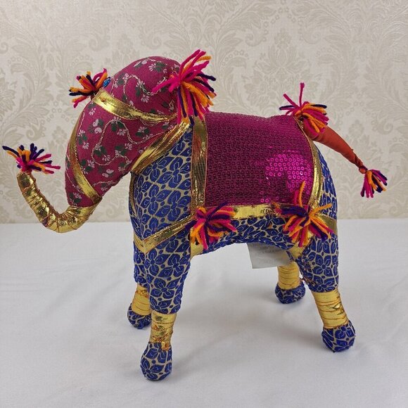 Pair of Fabric Elephants Free Standing Pink Orange Gold Sequins  Beads Tassels - Picture 5 of 15
